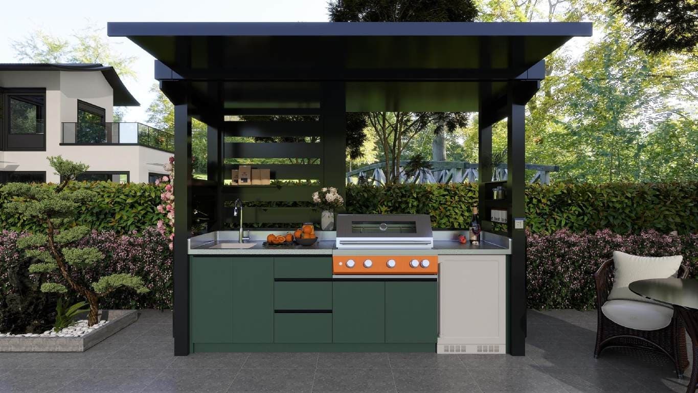 A-Pro BBQ Pod outdoor kitchen open with motorised awning extended