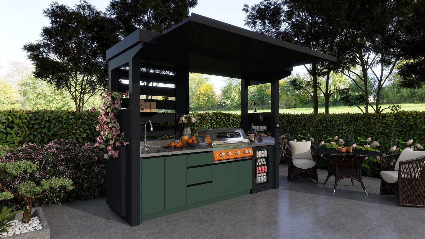 A-Pro BBQ Pod outdoor kitchen open in premium garden setting